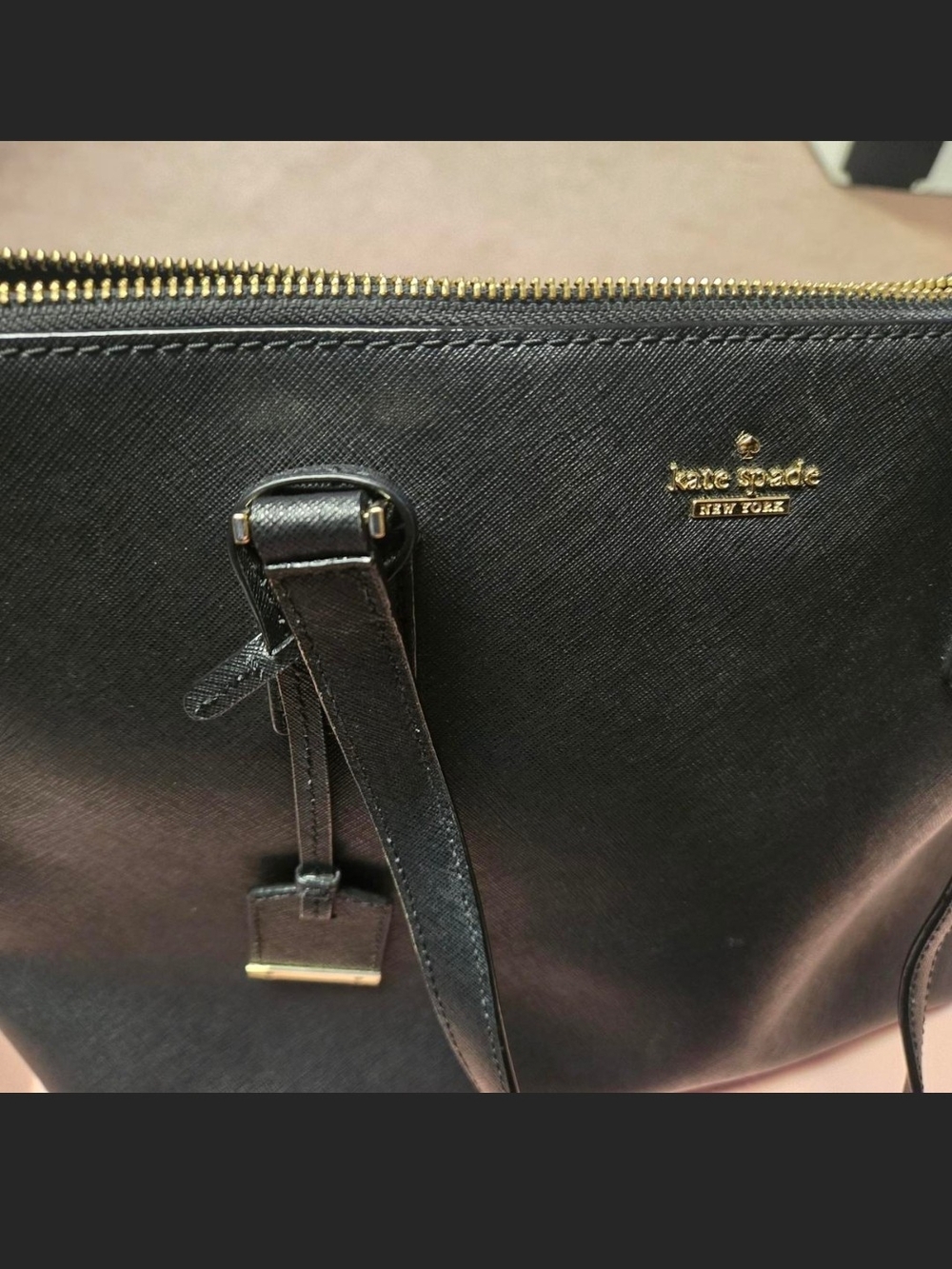 kate spade Black Saffiano Leather Zip-Top Tote with Gold Logo